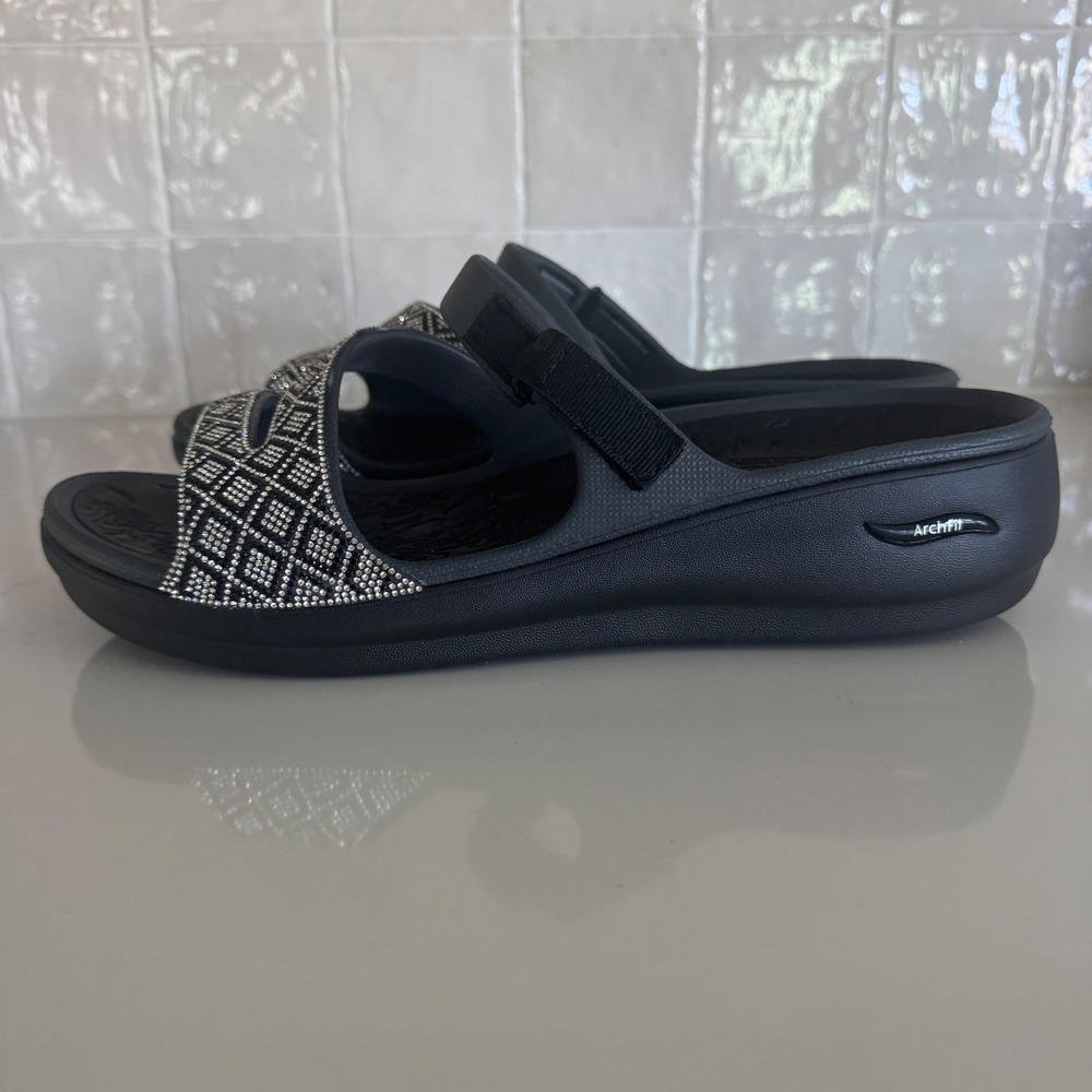 Skechers Foamies Arch Fit Footsteps Sandals Women 11 Black Rhinestone NEW - Picture 7 of 9